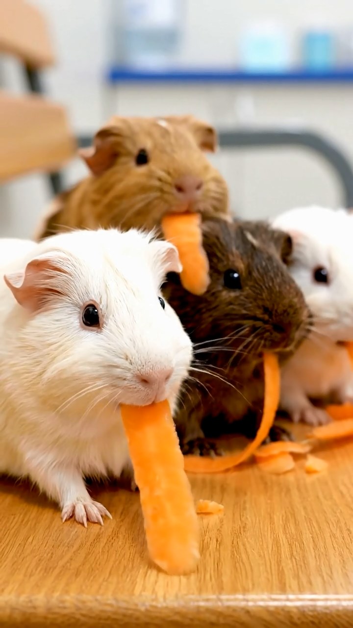 671. Highly detailed view of 1 smooth-haired Himalayan guinea pig with White fur, munching on bell peppers, in a vibrant vegetable garden with rows of tomatoes and lettuce, under bright sunlight, creating a realistic, colorful rural scene.