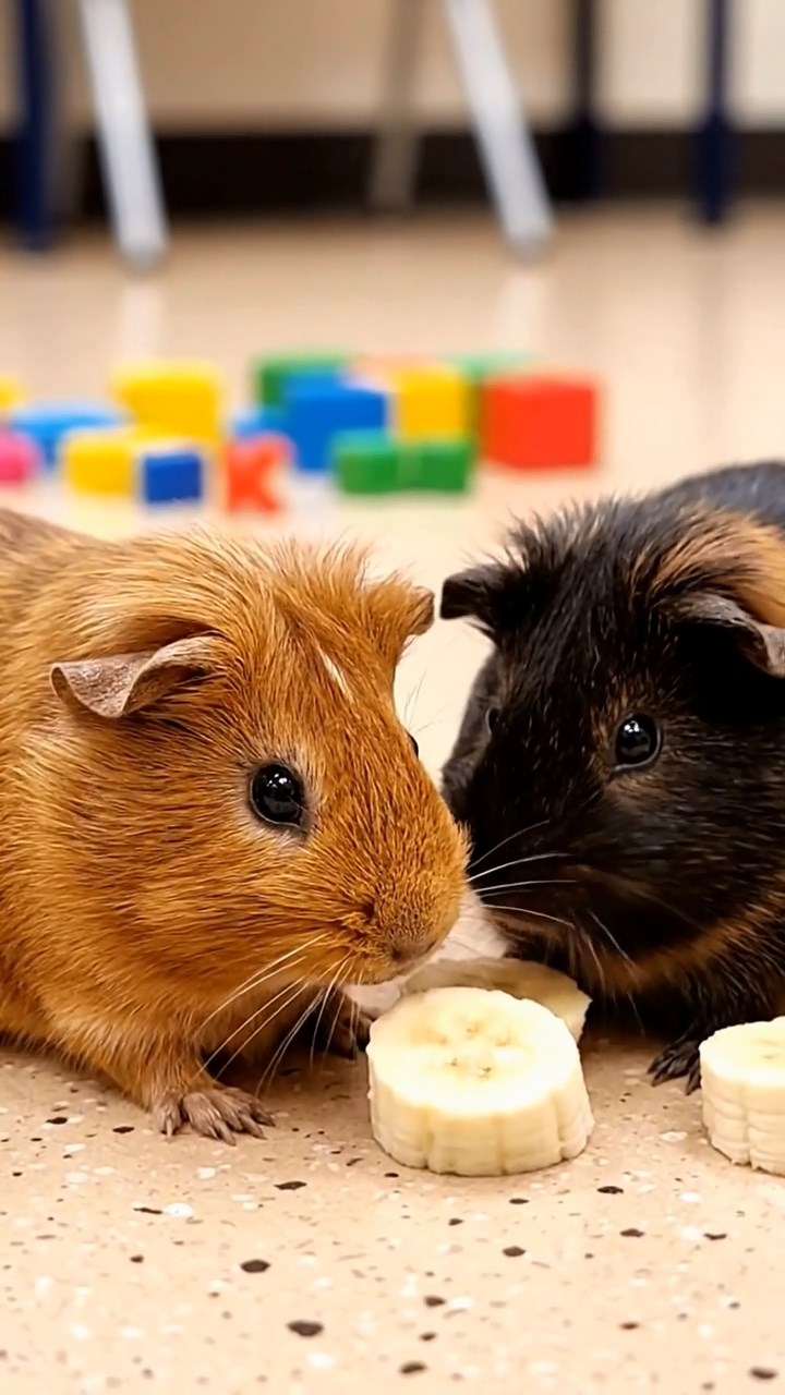 672. Realistic scene of 2 smooth-haired Californian guinea pigs with Orange and Black fur, dressed as tailors in tiny vests, sewing miniature shirts in a guinea pig atelier with colorful fabrics and hay mannequins, under warm lamplight, enhancing the lifelike, creative atmosphere.