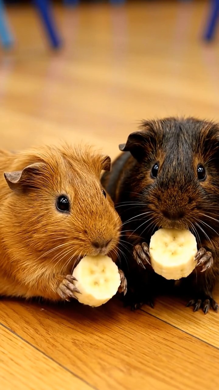 672. Realistic scene of 2 smooth-haired Californian guinea pigs with Orange and Black fur, dressed as tailors in tiny vests, sewing miniature shirts in a guinea pig atelier with colorful fabrics and hay mannequins, under warm lamplight, enhancing the lifelike, creative atmosphere.