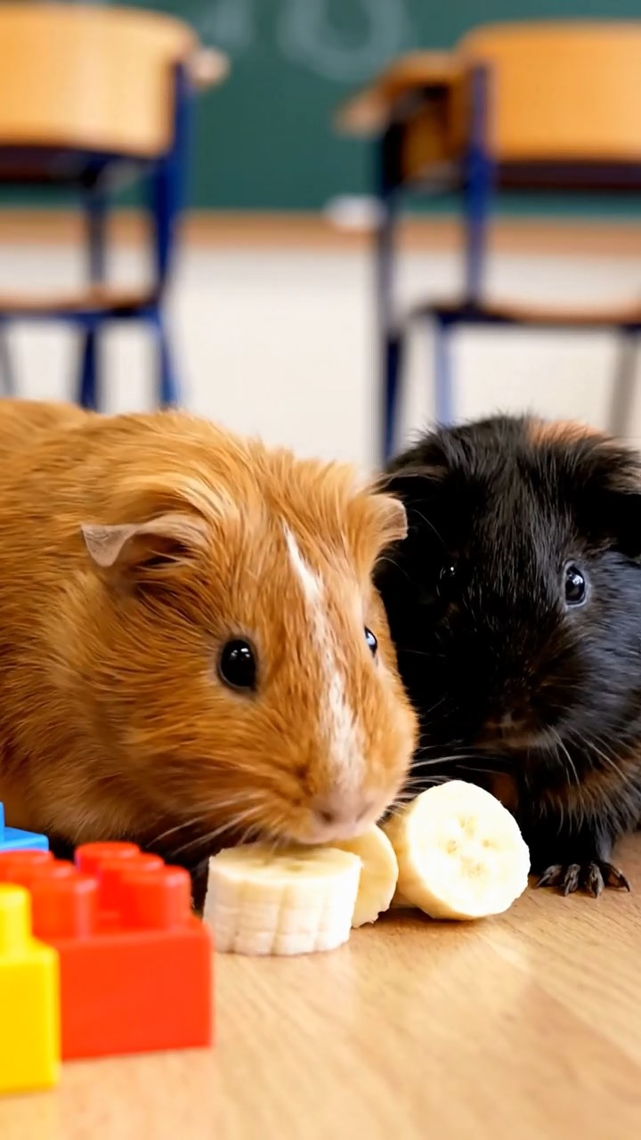 672. Realistic scene of 2 smooth-haired Californian guinea pigs with Orange and Black fur, dressed as tailors in tiny vests, sewing miniature shirts in a guinea pig atelier with colorful fabrics and hay mannequins, under warm lamplight, enhancing the lifelike, creative atmosphere.