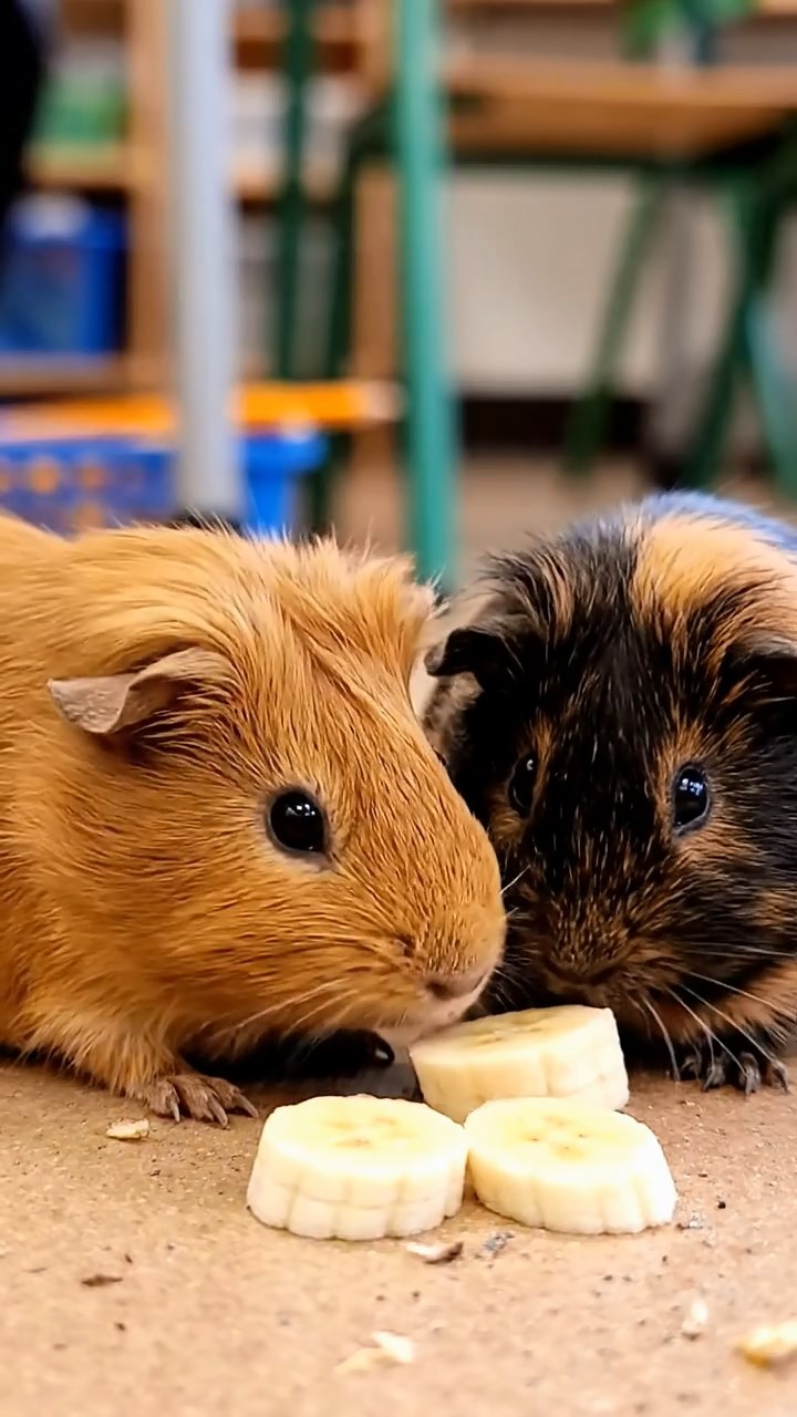 672. Realistic scene of 2 smooth-haired Californian guinea pigs with Orange and Black fur, dressed as tailors in tiny vests, sewing miniature shirts in a guinea pig atelier with colorful fabrics and hay mannequins, under warm lamplight, enhancing the lifelike, creative atmosphere.