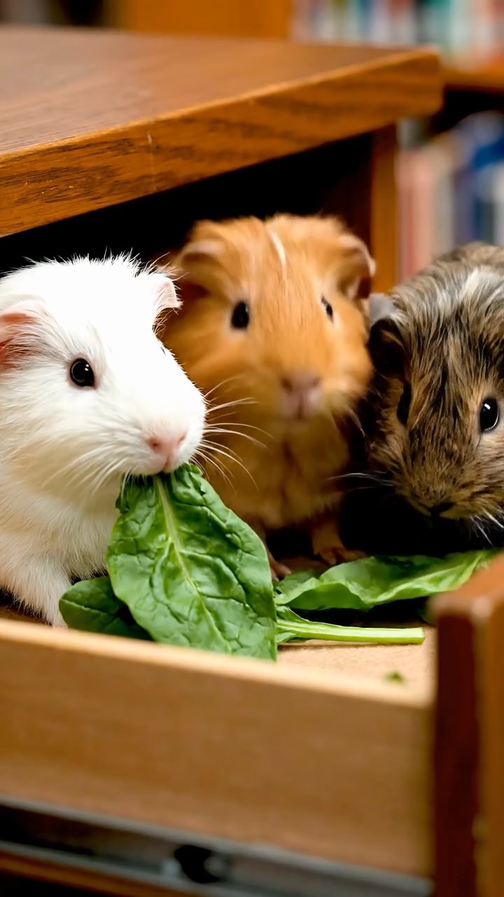 673. Detailed photo of 3 smooth-haired American guinea pigs with Gray, Cream, and Brown fur, burrowing like rabbits in a sandy dune with sparse grass and distant cacti, under a golden sunset, creating a vivid, realistic desert scene.
