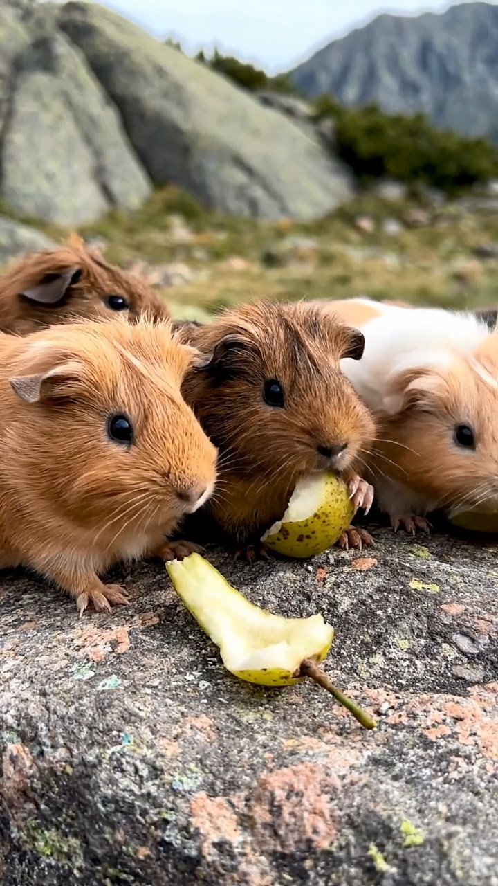 675. Highly detailed view of 5 smooth-haired Himalayan guinea pigs with White, Orange, Gray, Black, and Brown fur, foraging for wild herbs in a lush meadow with wildflowers and a babbling brook, under soft morning light, creating a realistic, serene pastoral scene.