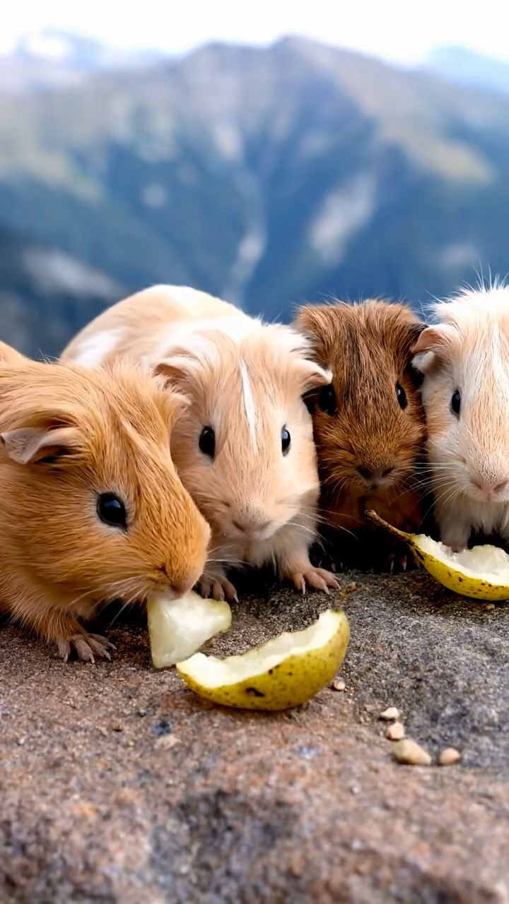 675. Highly detailed view of 5 smooth-haired Himalayan guinea pigs with White, Orange, Gray, Black, and Brown fur, foraging for wild herbs in a lush meadow with wildflowers and a babbling brook, under soft morning light, creating a realistic, serene pastoral scene.