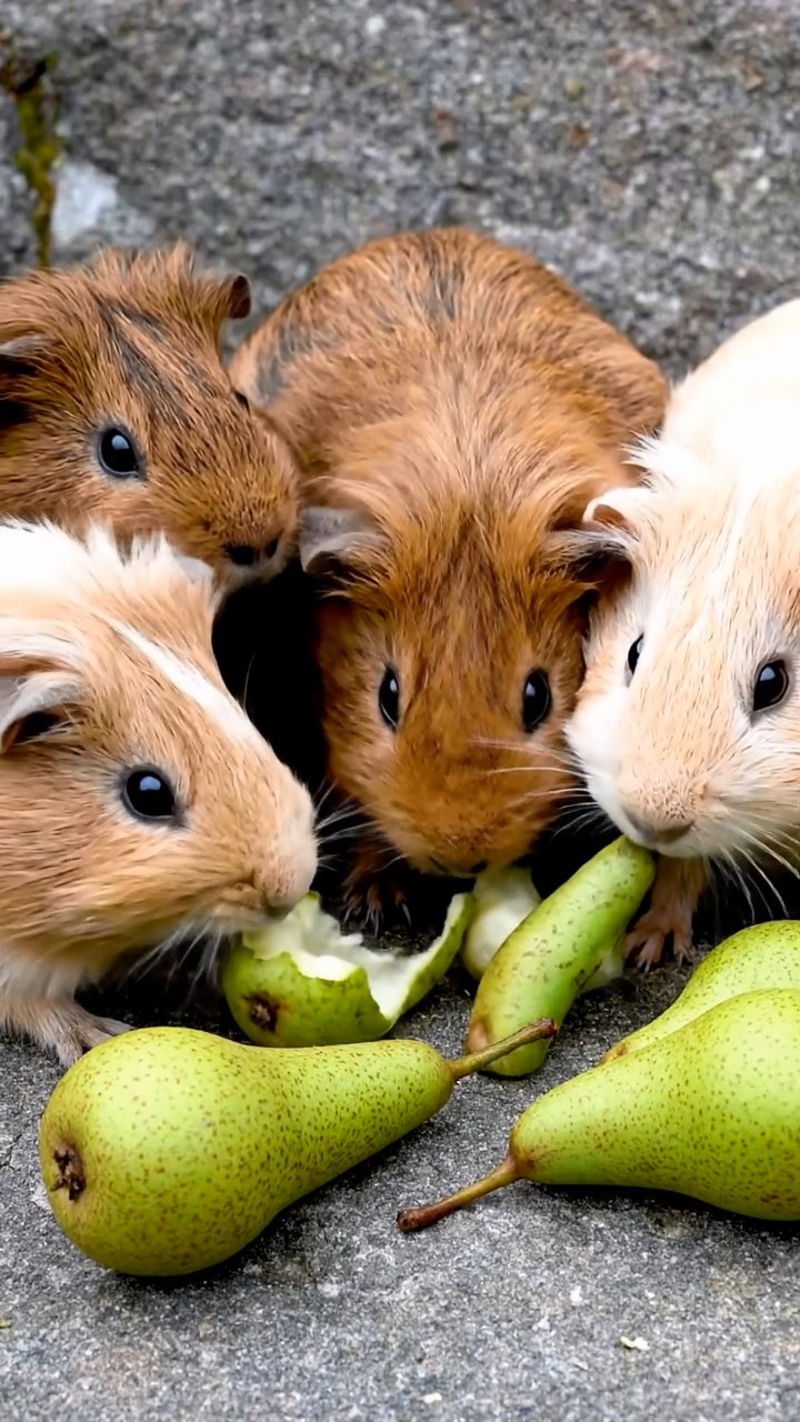 675. Highly detailed view of 5 smooth-haired Himalayan guinea pigs with White, Orange, Gray, Black, and Brown fur, foraging for wild herbs in a lush meadow with wildflowers and a babbling brook, under soft morning light, creating a realistic, serene pastoral scene.