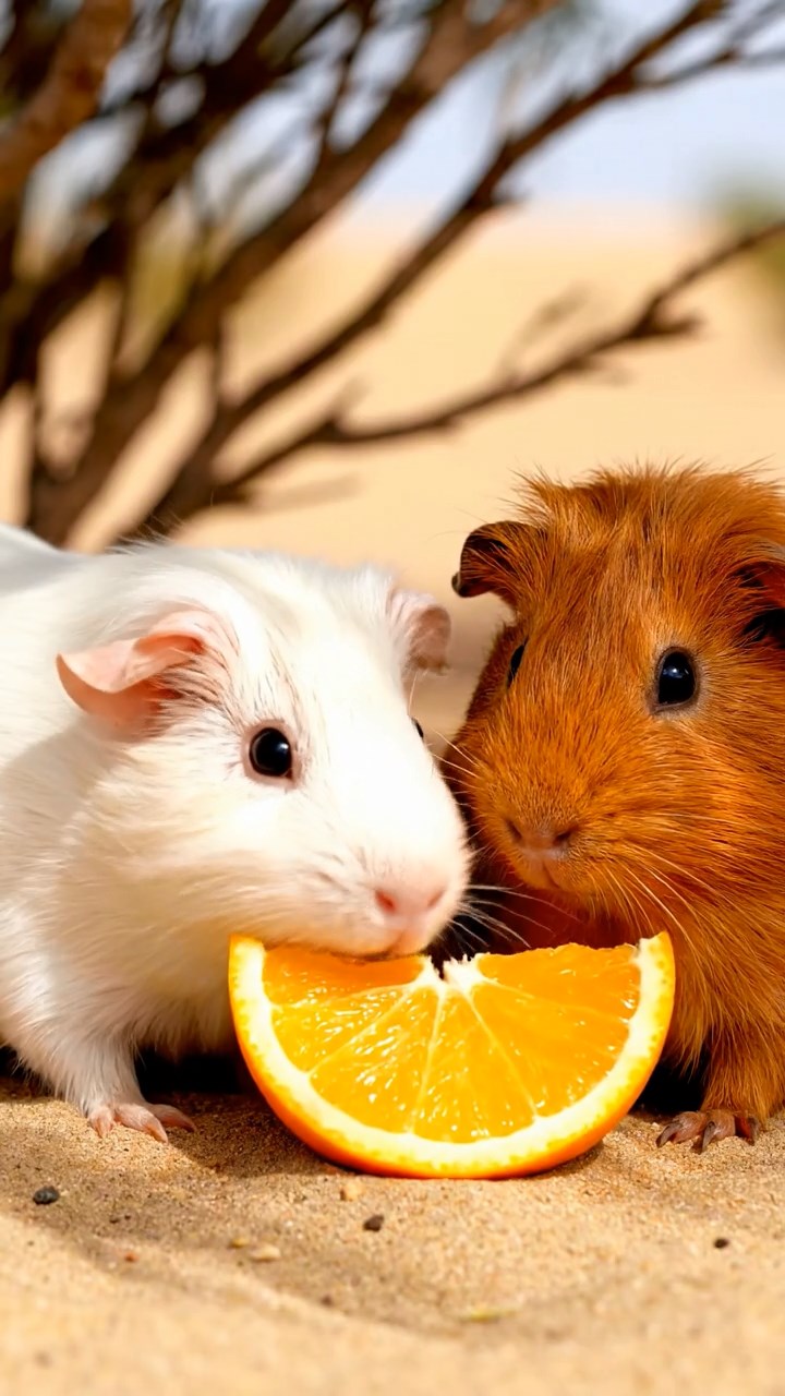 677. Detailed photo of 2 smooth-haired American guinea pigs with Fawn and Sable fur, dressed as bakers in tiny aprons, baking pies in a guinea pig bakery with hay ovens and wooden counters, under soft lamplight, creating a realistic, cozy culinary scene.