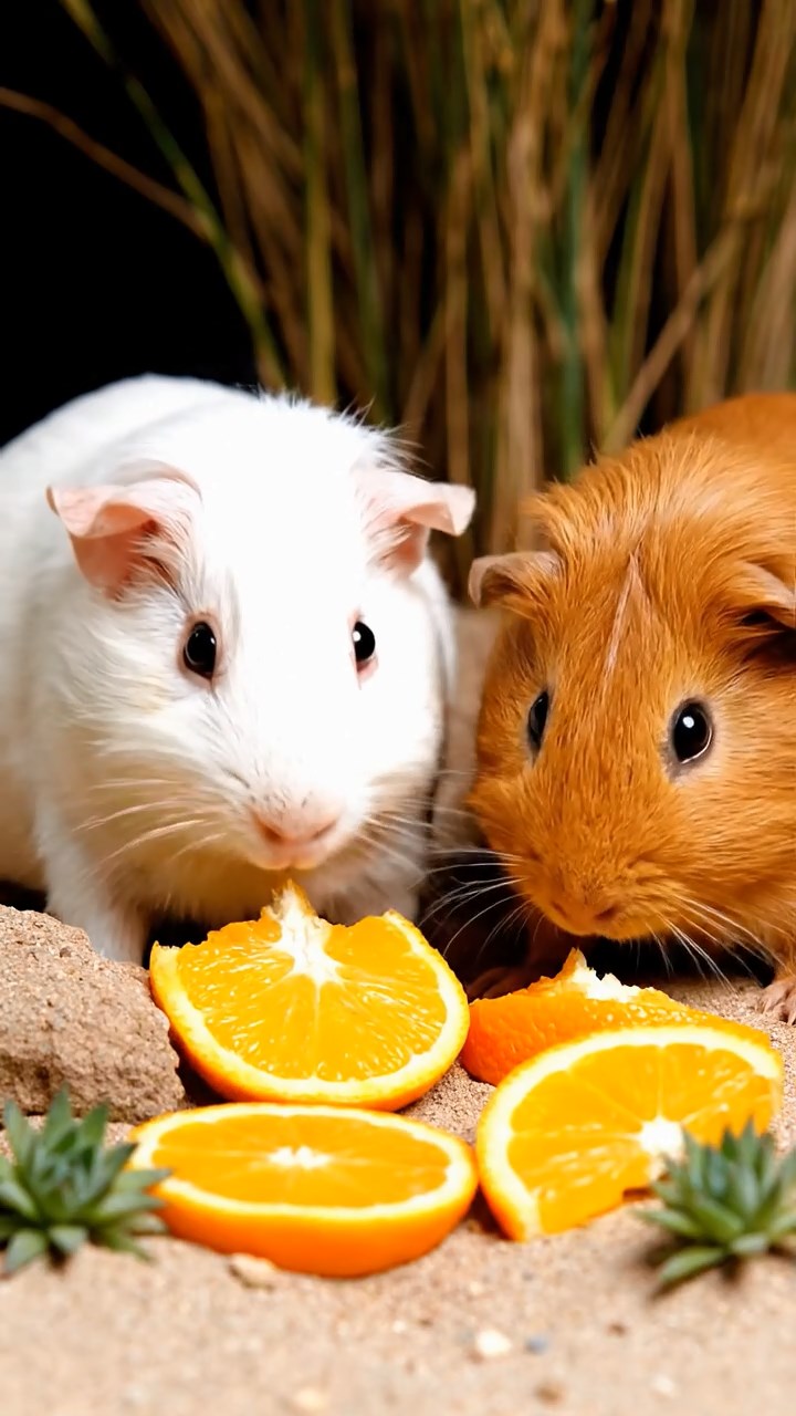 677. Detailed photo of 2 smooth-haired American guinea pigs with Fawn and Sable fur, dressed as bakers in tiny aprons, baking pies in a guinea pig bakery with hay ovens and wooden counters, under soft lamplight, creating a realistic, cozy culinary scene.