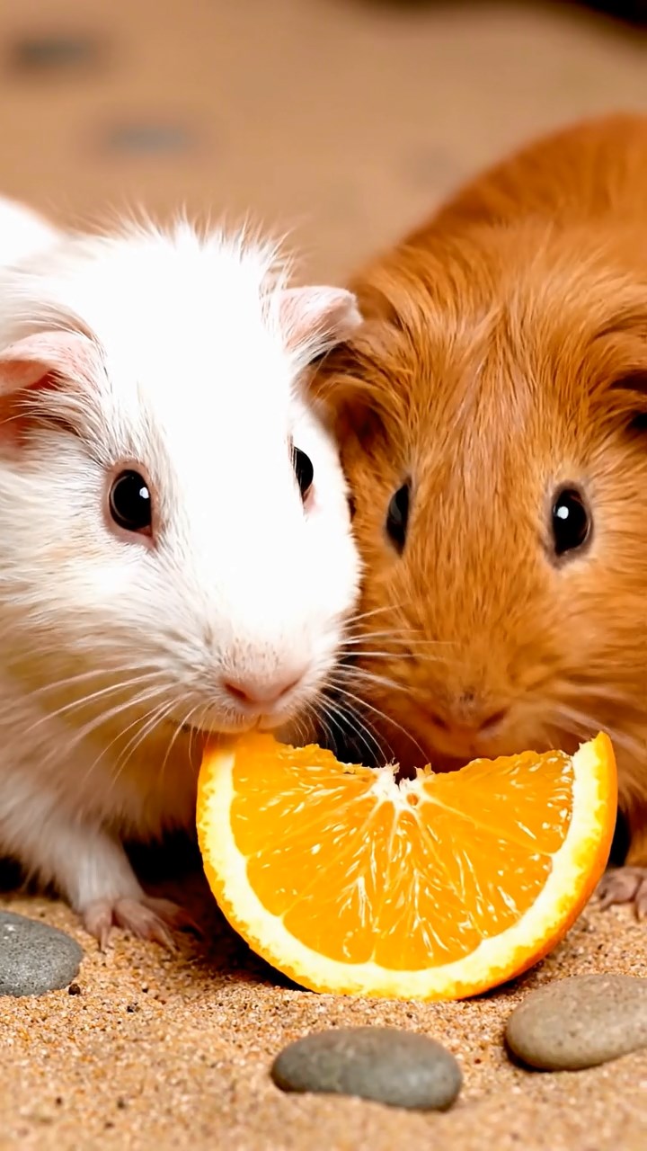 677. Detailed photo of 2 smooth-haired American guinea pigs with Fawn and Sable fur, dressed as bakers in tiny aprons, baking pies in a guinea pig bakery with hay ovens and wooden counters, under soft lamplight, creating a realistic, cozy culinary scene.