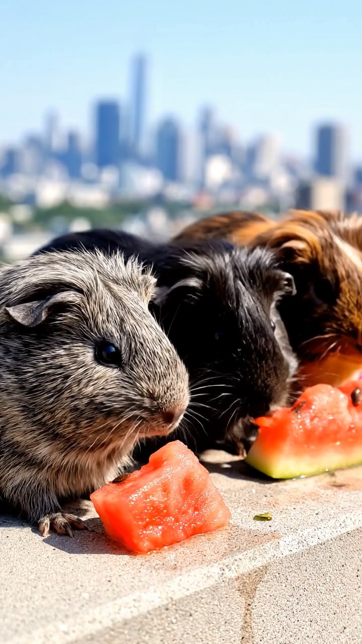 678. Photorealistic scene of 3 smooth-haired Teddy guinea pigs with Chocolate, Cinnamon, and Gray fur, climbing small rocks in a forested glade with soft moss and scattered leaves, under dappled sunlight, enhancing the authentic, adventurous atmosphere.