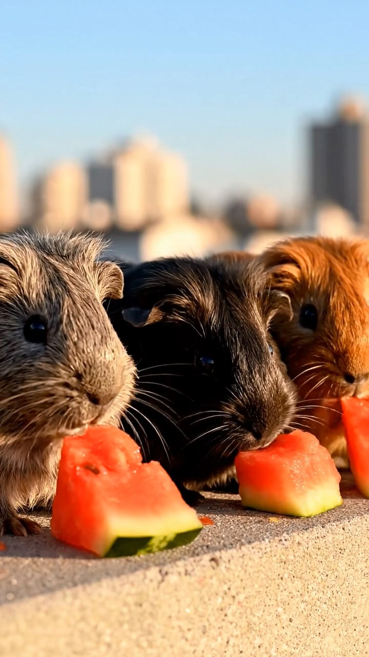 678. Photorealistic scene of 3 smooth-haired Teddy guinea pigs with Chocolate, Cinnamon, and Gray fur, climbing small rocks in a forested glade with soft moss and scattered leaves, under dappled sunlight, enhancing the authentic, adventurous atmosphere.