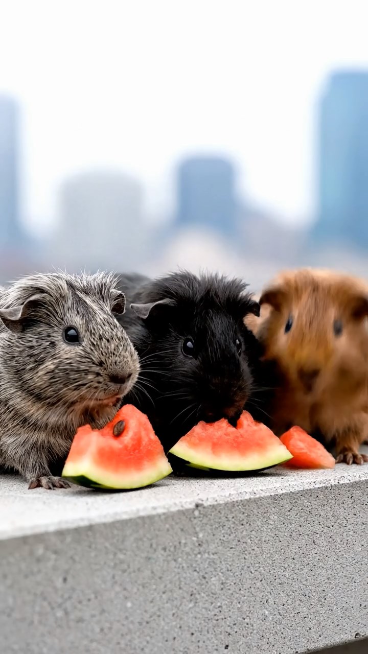 678. Photorealistic scene of 3 smooth-haired Teddy guinea pigs with Chocolate, Cinnamon, and Gray fur, climbing small rocks in a forested glade with soft moss and scattered leaves, under dappled sunlight, enhancing the authentic, adventurous atmosphere.