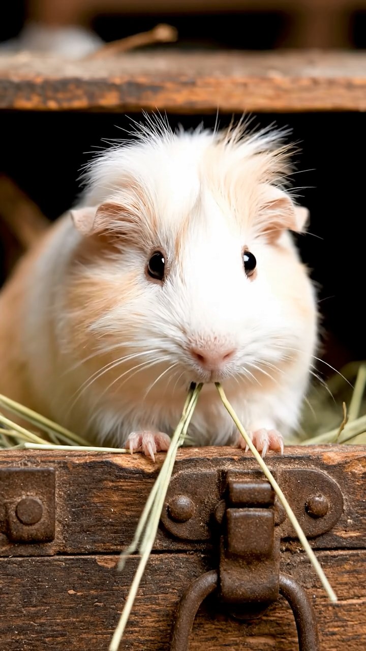 679. Highly detailed view of 4 smooth-haired Himalayan guinea pigs with White, Orange, Black, and Brown fur, dressed as writers in tiny scarves, typing poems in a guinea pig study with miniature books and hay desks, under warm lamplight, creating a vivid, realistic literary scene.