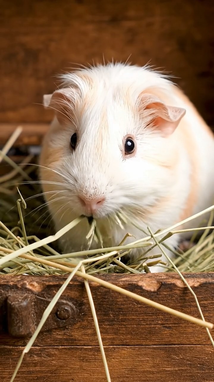 679. Highly detailed view of 4 smooth-haired Himalayan guinea pigs with White, Orange, Black, and Brown fur, dressed as writers in tiny scarves, typing poems in a guinea pig study with miniature books and hay desks, under warm lamplight, creating a vivid, realistic literary scene.