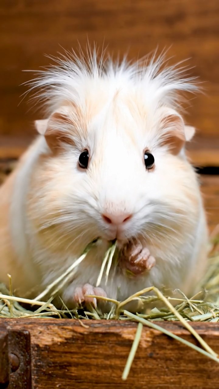 679. Highly detailed view of 4 smooth-haired Himalayan guinea pigs with White, Orange, Black, and Brown fur, dressed as writers in tiny scarves, typing poems in a guinea pig study with miniature books and hay desks, under warm lamplight, creating a vivid, realistic literary scene.