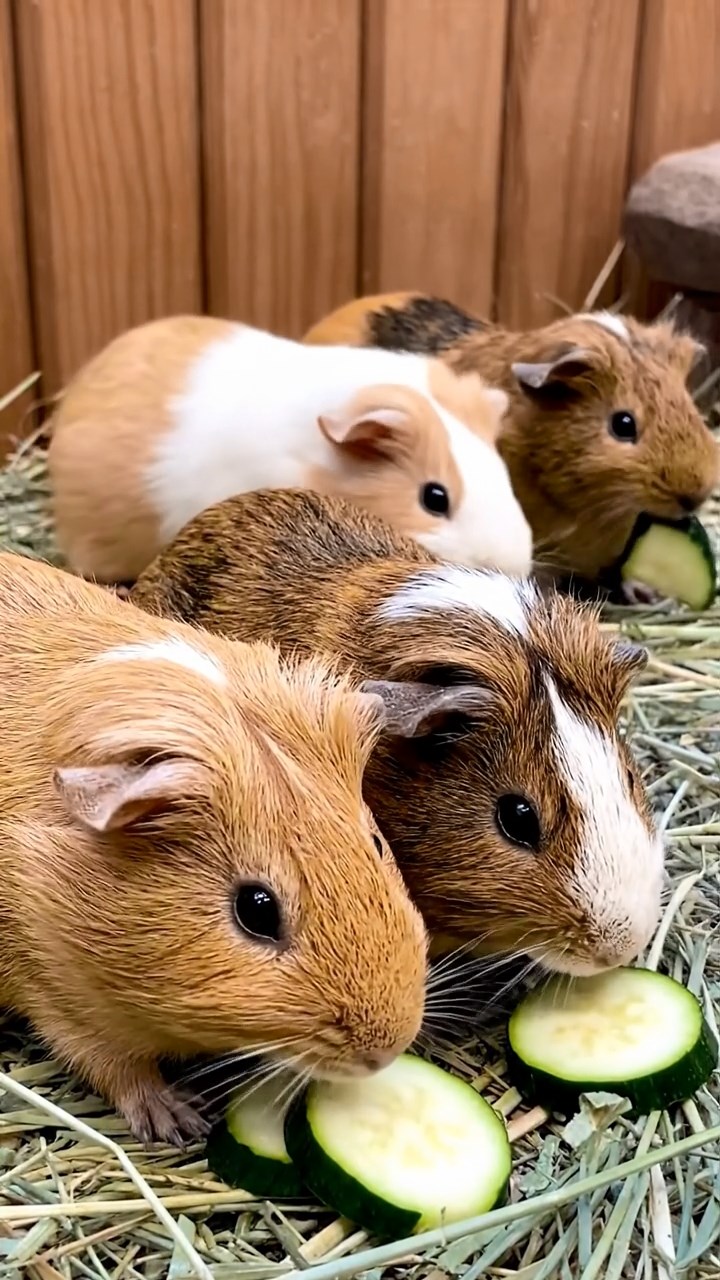 683. Highly detailed view of 3 smooth-haired Himalayan guinea pigs with Gray, Cream, and Brown fur, mating in a secluded grassy clearing surrounded by tall ferns and soft moss, under gentle morning light, creating a realistic, intimate natural scene.