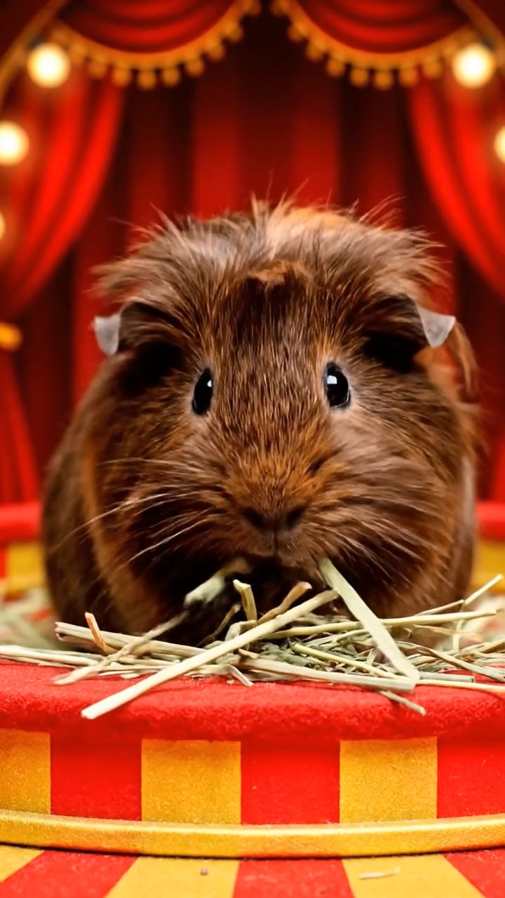 684. Realistic scene of 4 smooth-haired Californian guinea pigs with Fawn, Chocolate, Cinnamon, and Sable fur, dressed as firefighters in tiny uniforms, training with miniature hoses in a guinea pig village with hay houses, under glowing streetlights, capturing a heroic, lifelike moment.