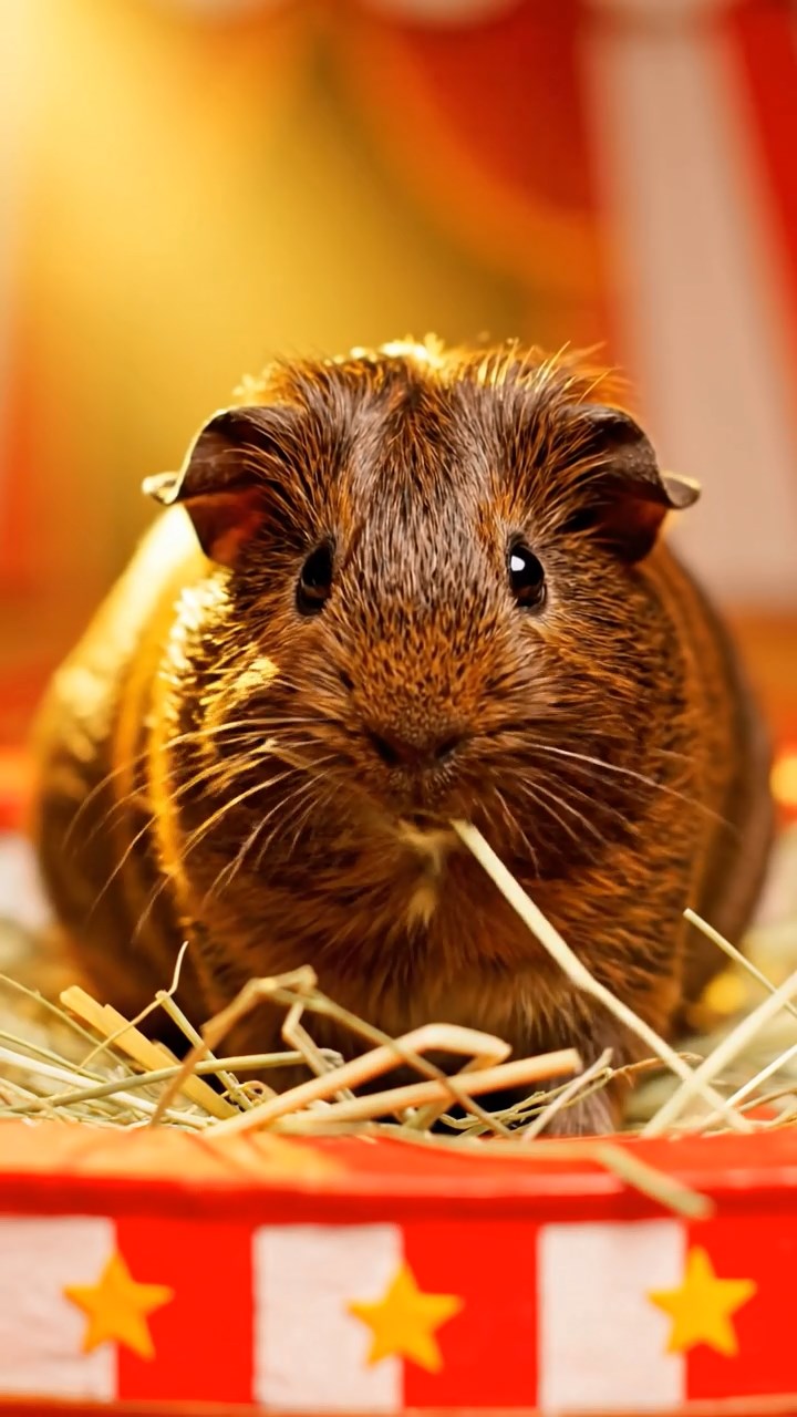 684. Realistic scene of 4 smooth-haired Californian guinea pigs with Fawn, Chocolate, Cinnamon, and Sable fur, dressed as firefighters in tiny uniforms, training with miniature hoses in a guinea pig village with hay houses, under glowing streetlights, capturing a heroic, lifelike moment.