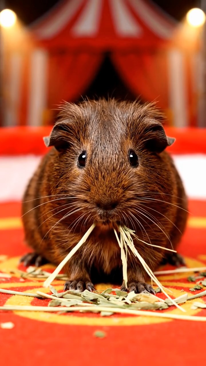 684. Realistic scene of 4 smooth-haired Californian guinea pigs with Fawn, Chocolate, Cinnamon, and Sable fur, dressed as firefighters in tiny uniforms, training with miniature hoses in a guinea pig village with hay houses, under glowing streetlights, capturing a heroic, lifelike moment.