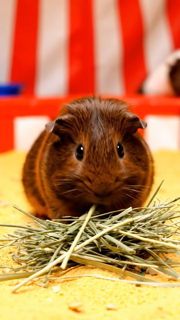 684. Realistic scene of 4 smooth-haired Californian guinea pigs with Fawn, Chocolate, Cinnamon, and Sable fur, dressed as firefighters in tiny uniforms, training with miniature hoses in a guinea pig village with hay houses, under glowing streetlights, capturing a heroic, lifelike moment.