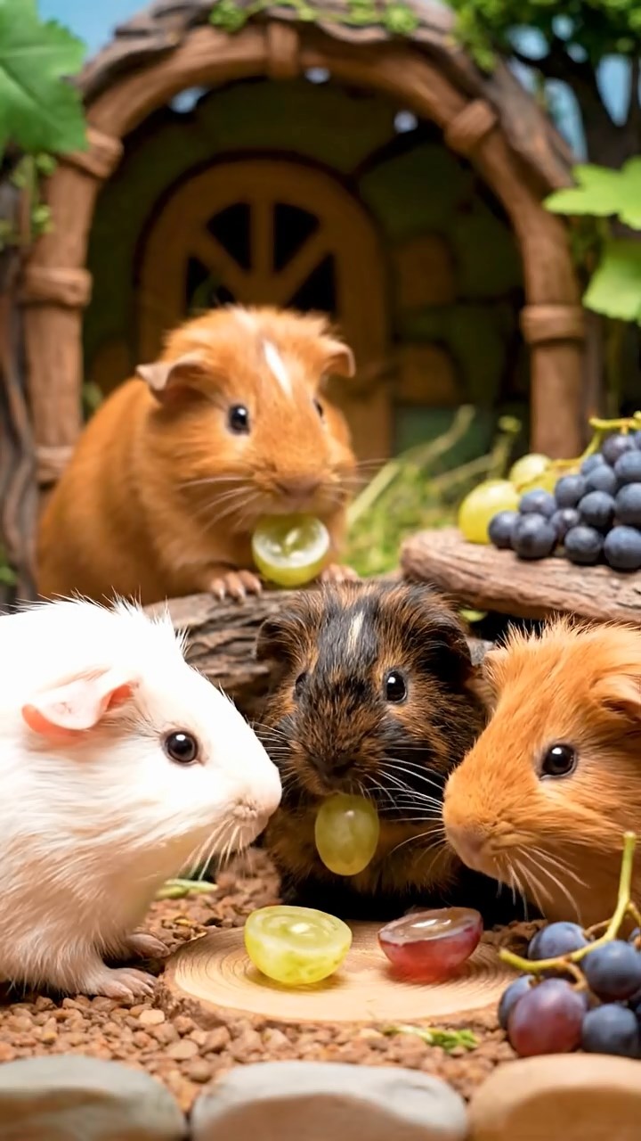 685. Detailed photo of 5 smooth-haired American guinea pigs with White, Orange, Gray, Black, and Brown fur, foraging for clover in a lush meadow with wildflowers and a trickling stream, under soft morning light, creating a realistic, serene pastoral scene.