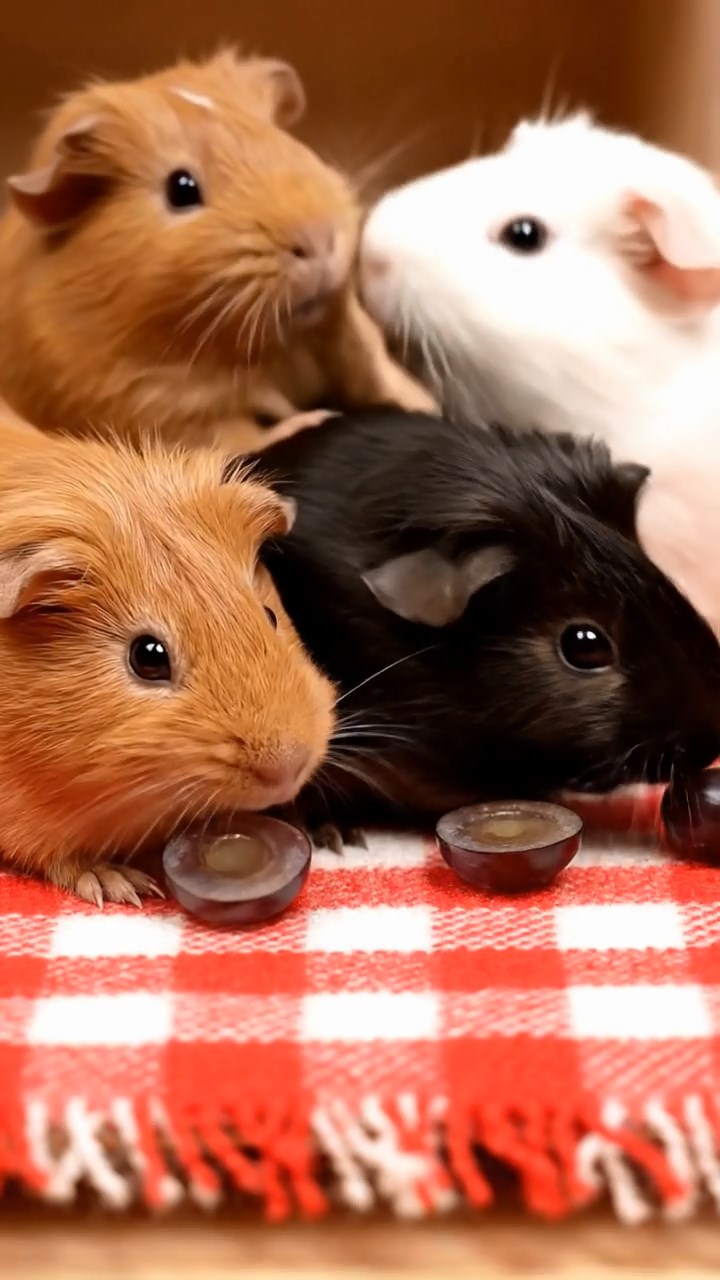 685. Detailed photo of 5 smooth-haired American guinea pigs with White, Orange, Gray, Black, and Brown fur, foraging for clover in a lush meadow with wildflowers and a trickling stream, under soft morning light, creating a realistic, serene pastoral scene.