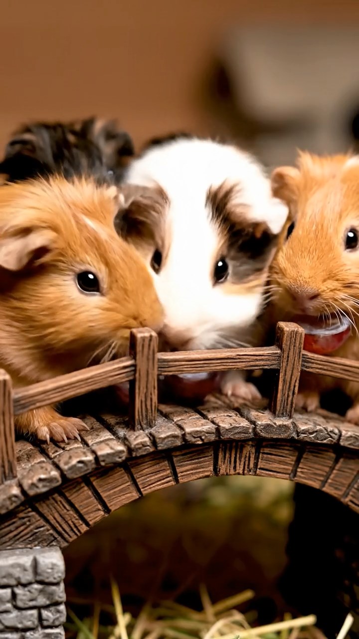 685. Detailed photo of 5 smooth-haired American guinea pigs with White, Orange, Gray, Black, and Brown fur, foraging for clover in a lush meadow with wildflowers and a trickling stream, under soft morning light, creating a realistic, serene pastoral scene.
