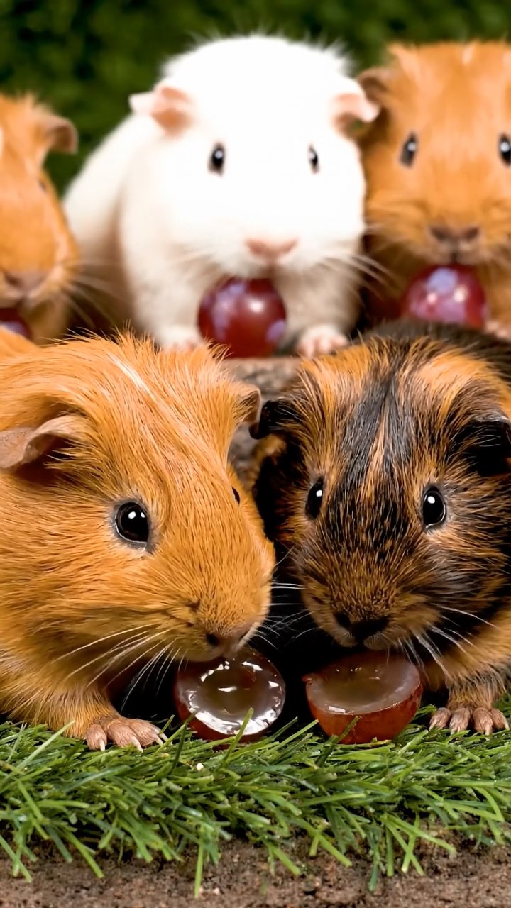 685. Detailed photo of 5 smooth-haired American guinea pigs with White, Orange, Gray, Black, and Brown fur, foraging for clover in a lush meadow with wildflowers and a trickling stream, under soft morning light, creating a realistic, serene pastoral scene.