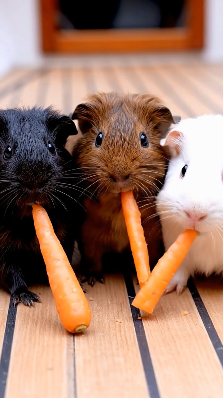 687. Highly detailed view of 2 smooth-haired Himalayan guinea pigs with Fawn and Sable fur, dressed as musicians in tiny vests, playing miniature drums in a guinea pig concert hall with hay seats and velvet curtains, under warm spotlights, creating a realistic, elegant scene.