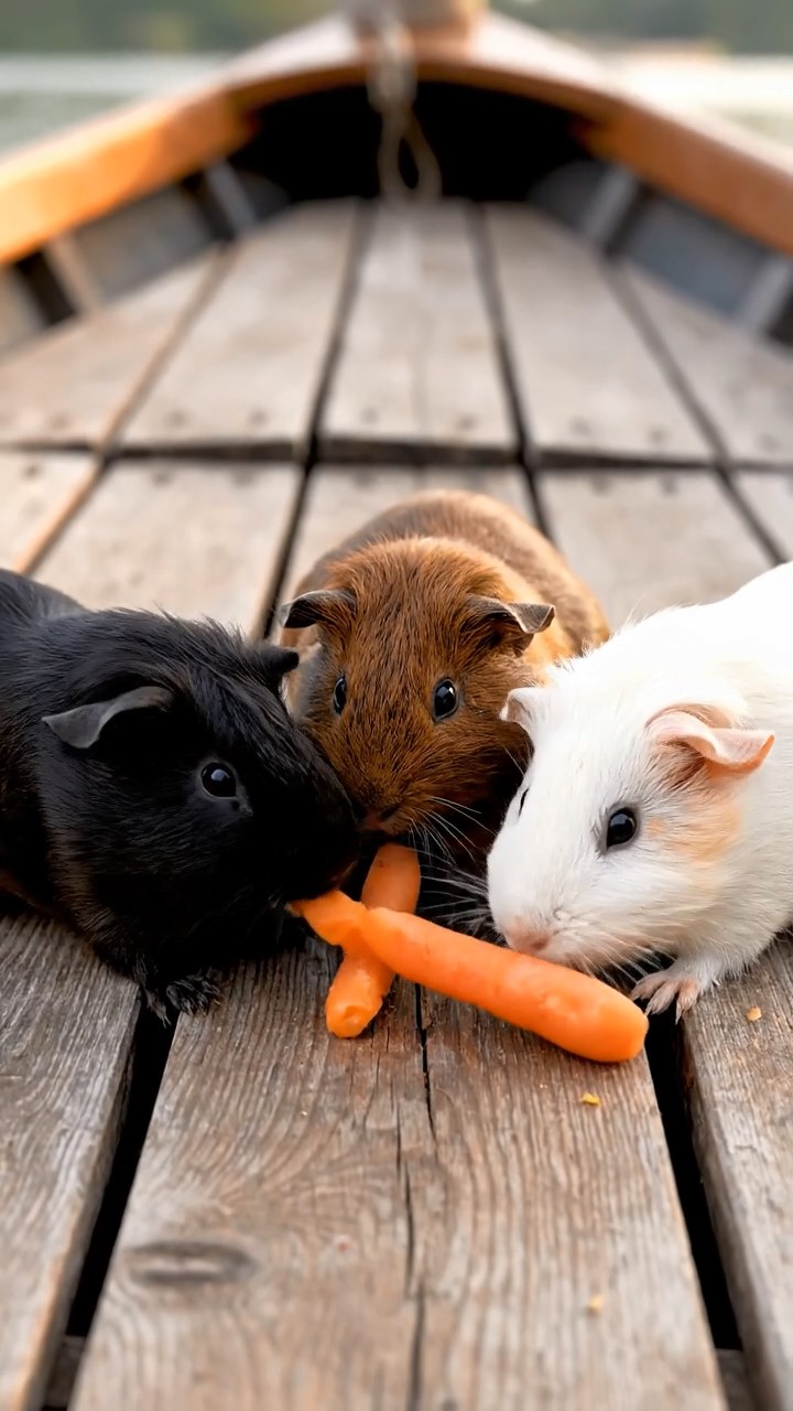 687. Highly detailed view of 2 smooth-haired Himalayan guinea pigs with Fawn and Sable fur, dressed as musicians in tiny vests, playing miniature drums in a guinea pig concert hall with hay seats and velvet curtains, under warm spotlights, creating a realistic, elegant scene.