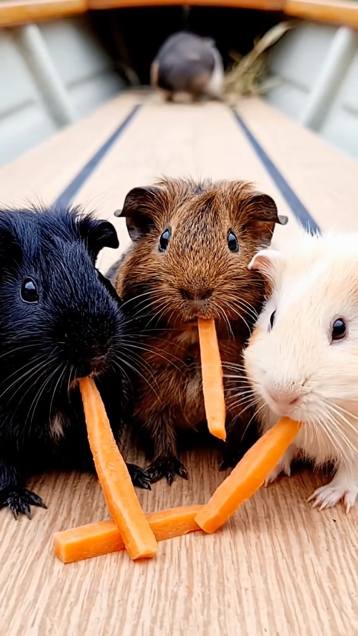 687. Highly detailed view of 2 smooth-haired Himalayan guinea pigs with Fawn and Sable fur, dressed as musicians in tiny vests, playing miniature drums in a guinea pig concert hall with hay seats and velvet curtains, under warm spotlights, creating a realistic, elegant scene.
