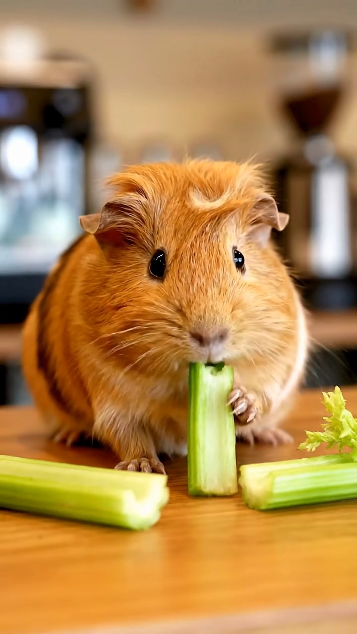 688. Realistic scene of 3 smooth-haired Californian guinea pigs with Chocolate, Cinnamon, and Gray fur, grooming each other in a lush meadow with scattered wildflowers and a babbling brook, under golden sunlight, enhancing the authentic, social atmosphere.