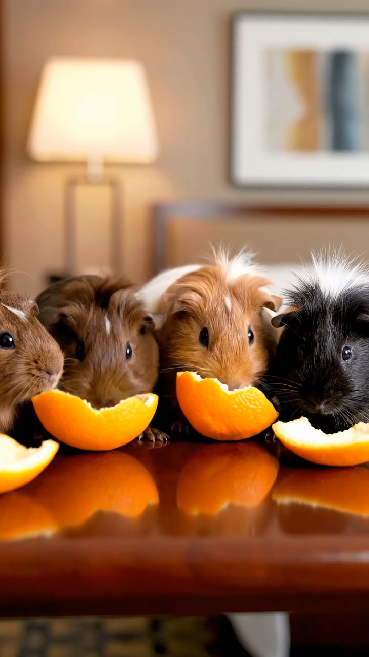689. Detailed photo of 4 smooth-haired American guinea pigs with White, Orange, Black, and Brown fur, dressed as doctors in tiny white coats, consulting charts in a guinea pig hospital with miniature beds and medical charts, under bright lights, creating a vivid, lifelike medical scene.