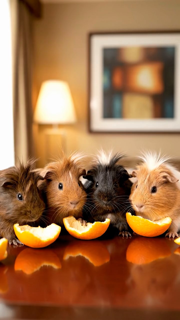 689. Detailed photo of 4 smooth-haired American guinea pigs with White, Orange, Black, and Brown fur, dressed as doctors in tiny white coats, consulting charts in a guinea pig hospital with miniature beds and medical charts, under bright lights, creating a vivid, lifelike medical scene.