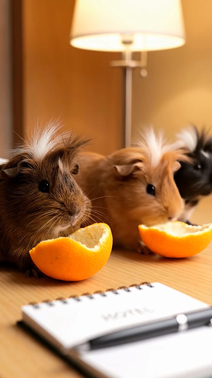 689. Detailed photo of 4 smooth-haired American guinea pigs with White, Orange, Black, and Brown fur, dressed as doctors in tiny white coats, consulting charts in a guinea pig hospital with miniature beds and medical charts, under bright lights, creating a vivid, lifelike medical scene.