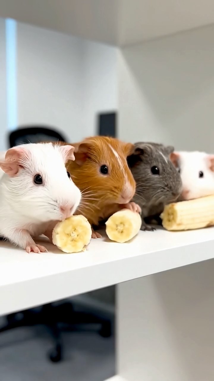 690. Photorealistic scene of 5 smooth-haired Teddy guinea pigs with Cream, Fawn, Sable, Gray, and Cinnamon fur, play-fighting in a grassy clearing with soft moss and scattered twigs, under gentle morning light, capturing a realistic, playful woodland moment.