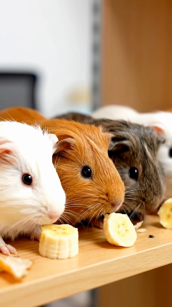 690. Photorealistic scene of 5 smooth-haired Teddy guinea pigs with Cream, Fawn, Sable, Gray, and Cinnamon fur, play-fighting in a grassy clearing with soft moss and scattered twigs, under gentle morning light, capturing a realistic, playful woodland moment.