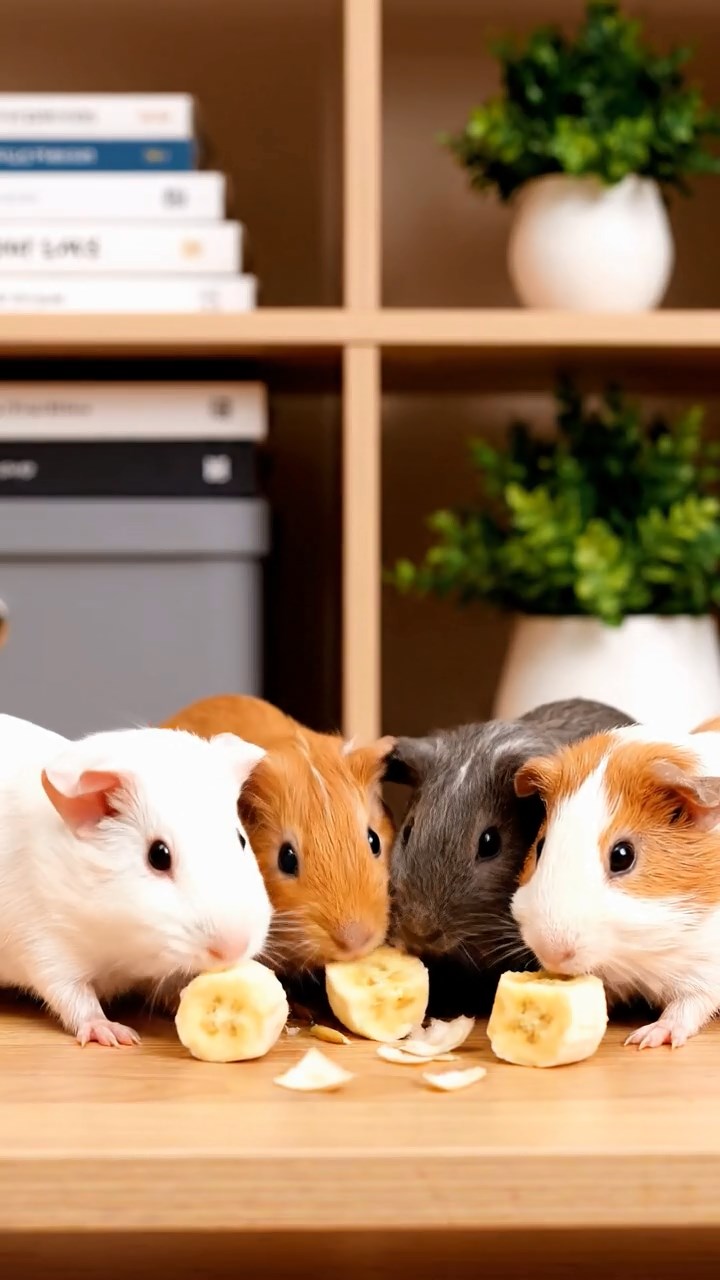 690. Photorealistic scene of 5 smooth-haired Teddy guinea pigs with Cream, Fawn, Sable, Gray, and Cinnamon fur, play-fighting in a grassy clearing with soft moss and scattered twigs, under gentle morning light, capturing a realistic, playful woodland moment.