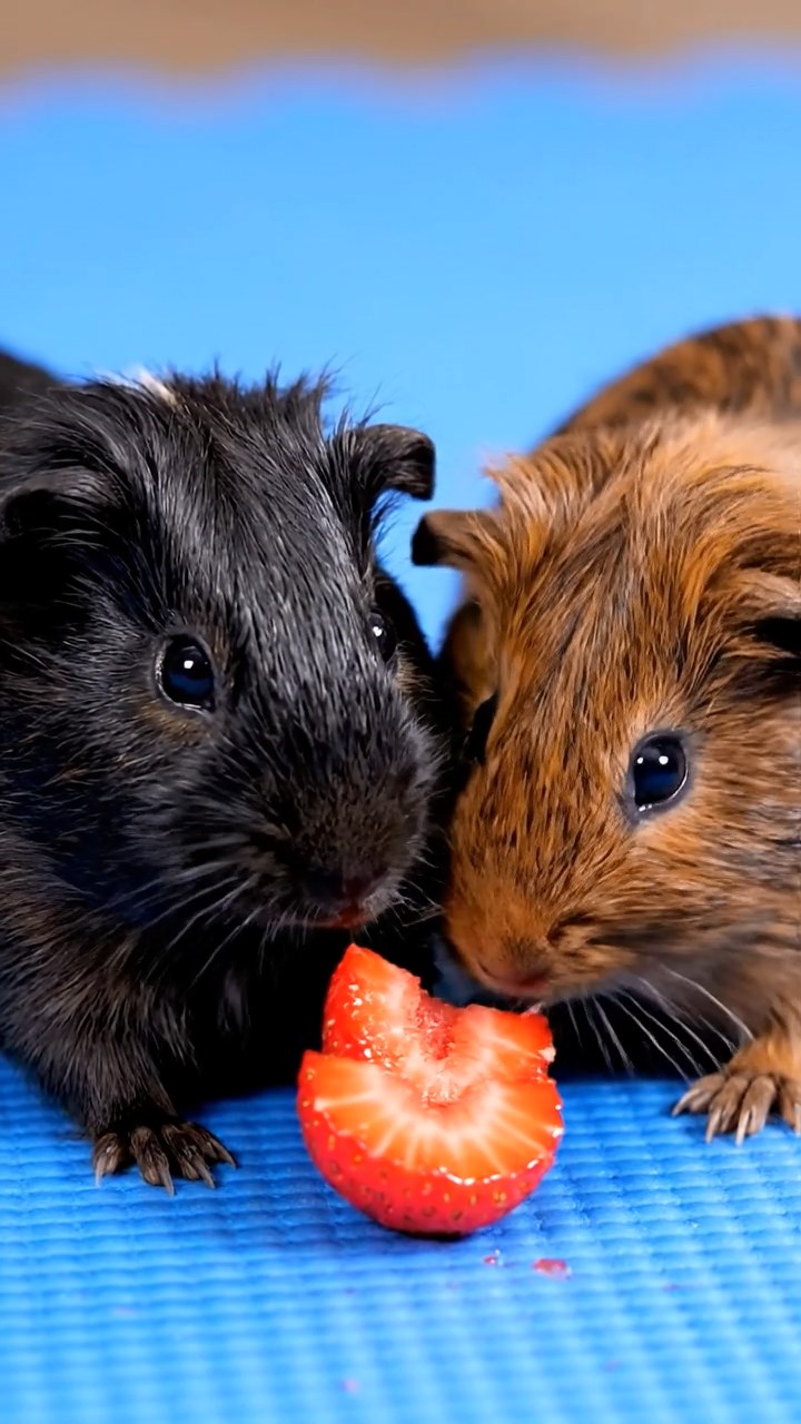 691. Highly detailed view of 1 smooth-haired Himalayan guinea pig with White fur, munching on bell peppers, in a vibrant vegetable garden with rows of tomatoes and lettuce, under bright sunlight, creating a realistic, colorful rural scene.