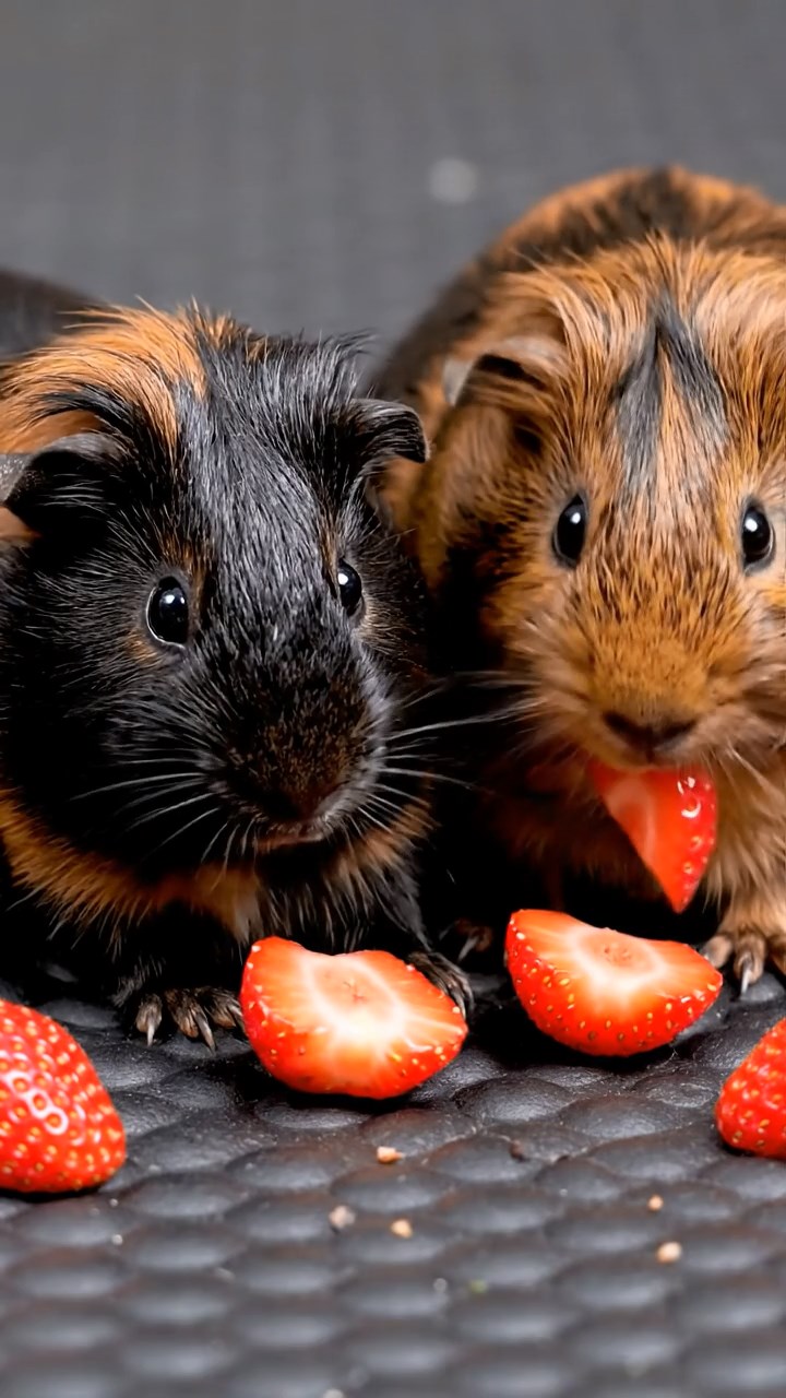 691. Highly detailed view of 1 smooth-haired Himalayan guinea pig with White fur, munching on bell peppers, in a vibrant vegetable garden with rows of tomatoes and lettuce, under bright sunlight, creating a realistic, colorful rural scene.