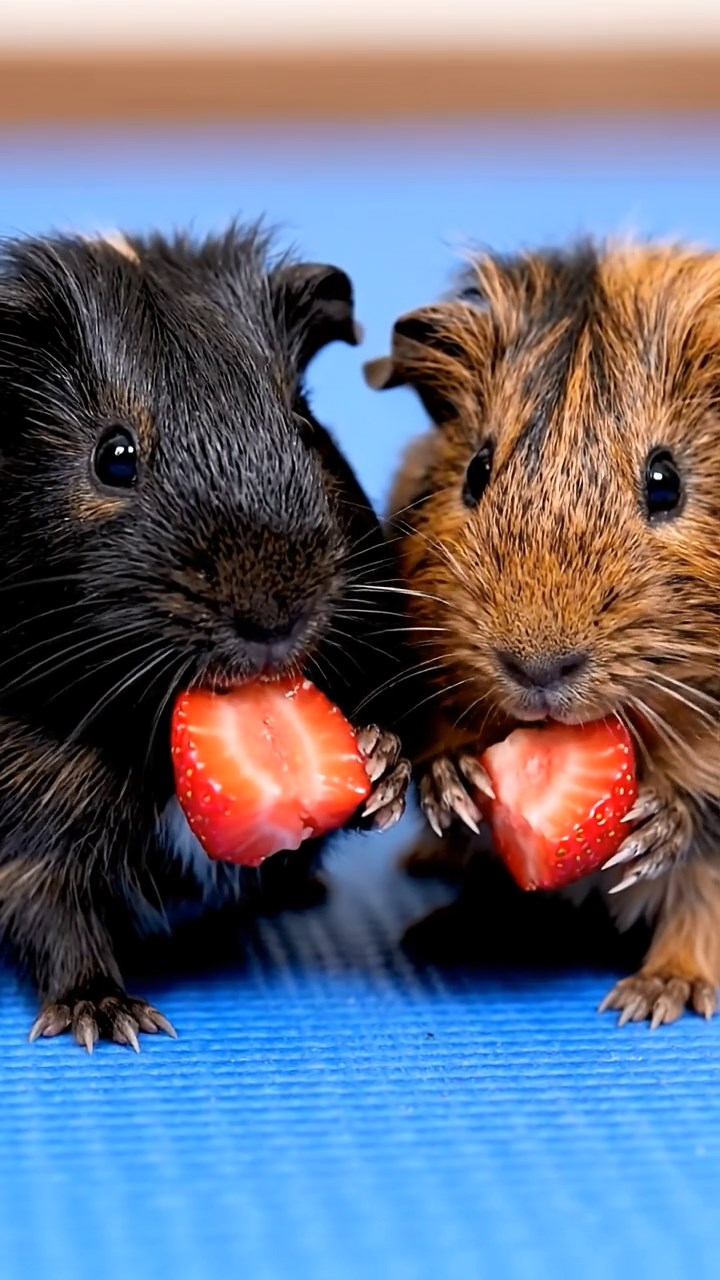 691. Highly detailed view of 1 smooth-haired Himalayan guinea pig with White fur, munching on bell peppers, in a vibrant vegetable garden with rows of tomatoes and lettuce, under bright sunlight, creating a realistic, colorful rural scene.