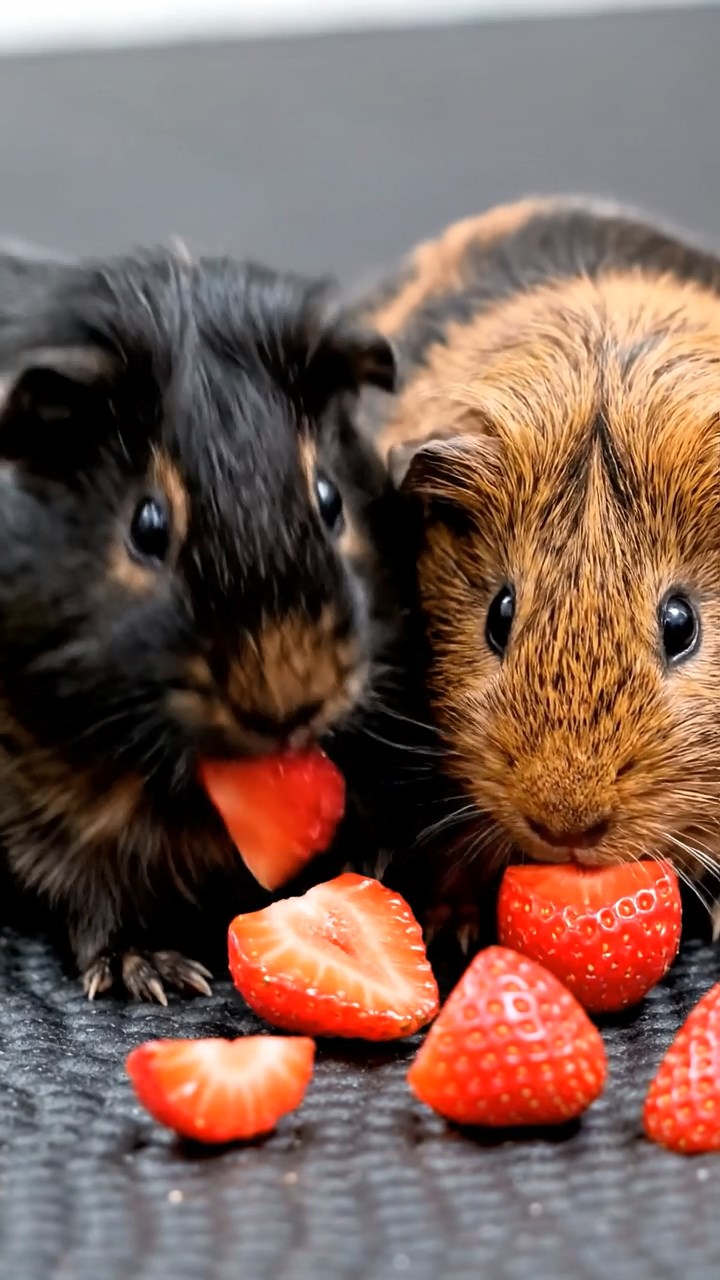 691. Highly detailed view of 1 smooth-haired Himalayan guinea pig with White fur, munching on bell peppers, in a vibrant vegetable garden with rows of tomatoes and lettuce, under bright sunlight, creating a realistic, colorful rural scene.