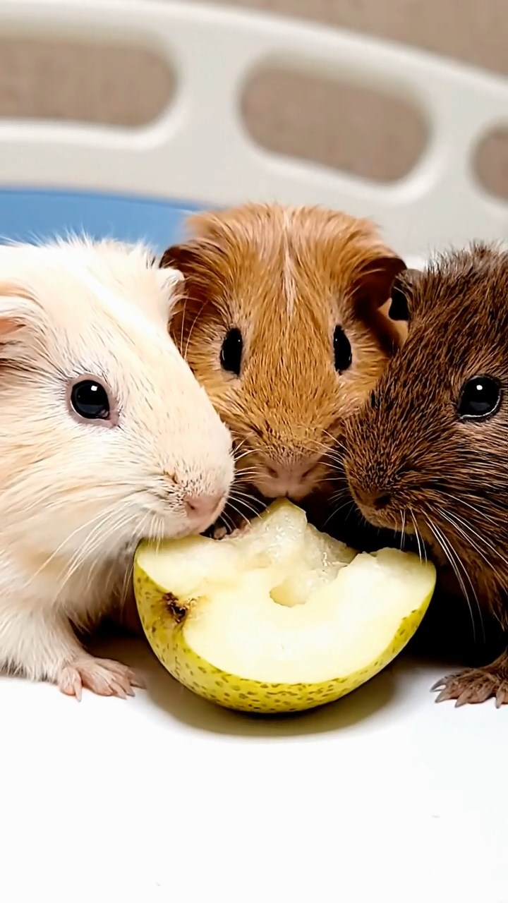 692. Realistic scene of 2 smooth-haired Californian guinea pigs with Orange and Black fur, dressed as tailors in tiny vests, sewing miniature shirts in a guinea pig atelier with colorful fabrics and hay mannequins, under warm lamplight, enhancing the lifelike, creative atmosphere.