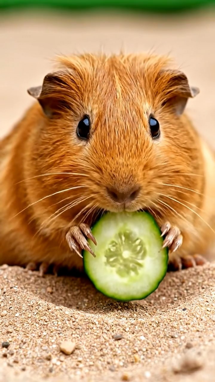693. Detailed photo of 3 smooth-haired American guinea pigs with Gray, Cream, and Brown fur, burrowing like rabbits in a sandy dune with sparse grass and distant cacti, under a golden sunset, creating a vivid, realistic desert scene.