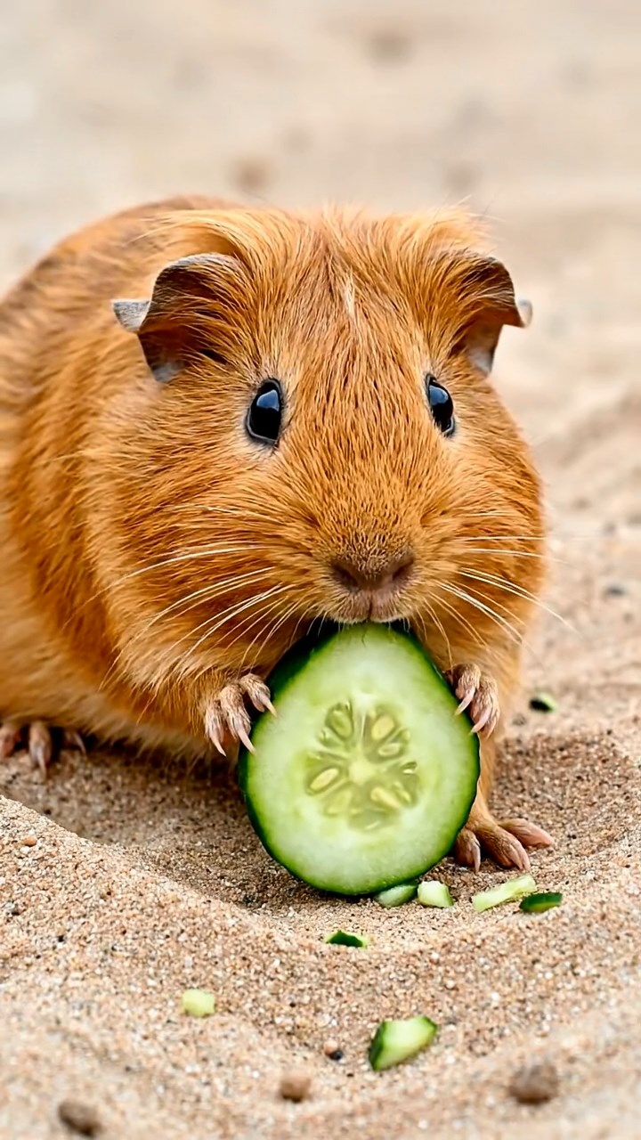 693. Detailed photo of 3 smooth-haired American guinea pigs with Gray, Cream, and Brown fur, burrowing like rabbits in a sandy dune with sparse grass and distant cacti, under a golden sunset, creating a vivid, realistic desert scene.