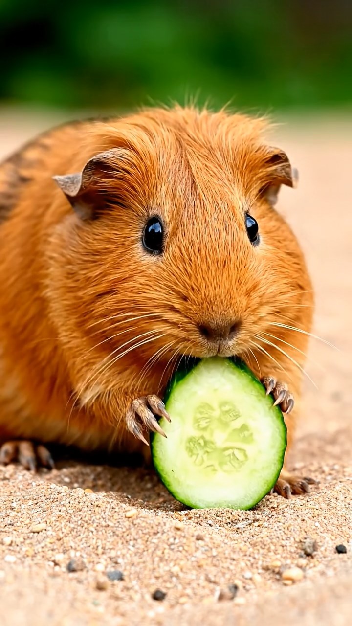 693. Detailed photo of 3 smooth-haired American guinea pigs with Gray, Cream, and Brown fur, burrowing like rabbits in a sandy dune with sparse grass and distant cacti, under a golden sunset, creating a vivid, realistic desert scene.