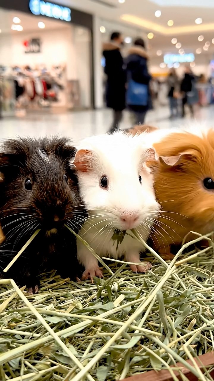 694. Photorealistic scene of 4 smooth-haired Teddy guinea pigs with Fawn, Chocolate, Cinnamon, and Sable fur, dressed as librarians in tiny glasses, cataloging miniature books in a guinea pig library with hay shelves and soft lamplight, capturing a realistic, cozy moment.