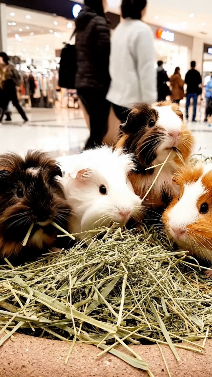 694. Photorealistic scene of 4 smooth-haired Teddy guinea pigs with Fawn, Chocolate, Cinnamon, and Sable fur, dressed as librarians in tiny glasses, cataloging miniature books in a guinea pig library with hay shelves and soft lamplight, capturing a realistic, cozy moment.