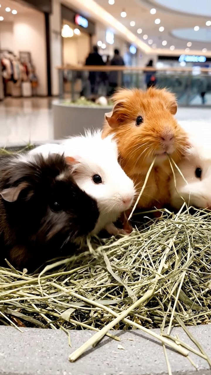 694. Photorealistic scene of 4 smooth-haired Teddy guinea pigs with Fawn, Chocolate, Cinnamon, and Sable fur, dressed as librarians in tiny glasses, cataloging miniature books in a guinea pig library with hay shelves and soft lamplight, capturing a realistic, cozy moment.