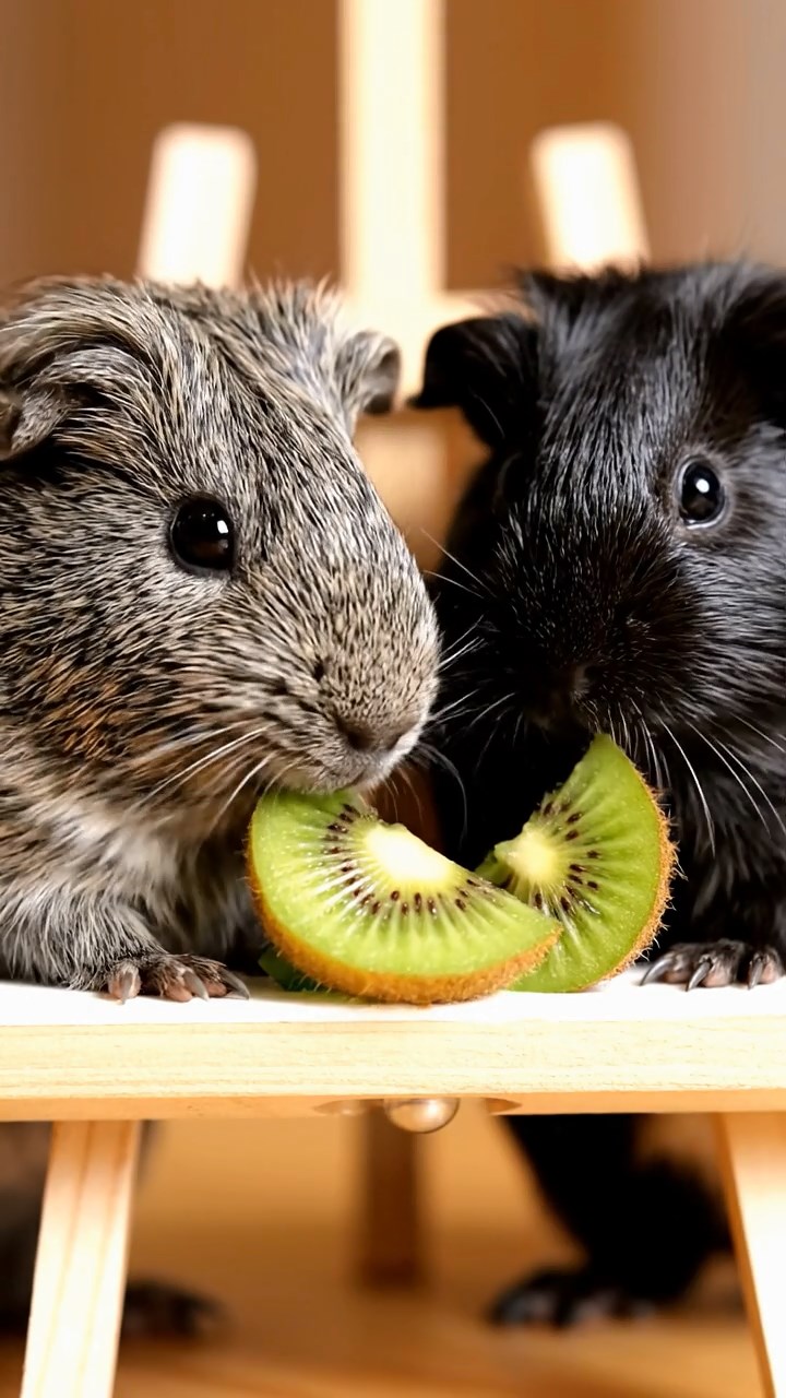 695. Highly detailed view of 5 smooth-haired Himalayan guinea pigs with White, Orange, Gray, Black, and Brown fur, foraging for wild herbs in a lush meadow with wildflowers and a babbling brook, under soft morning light, creating a realistic, serene pastoral scene.