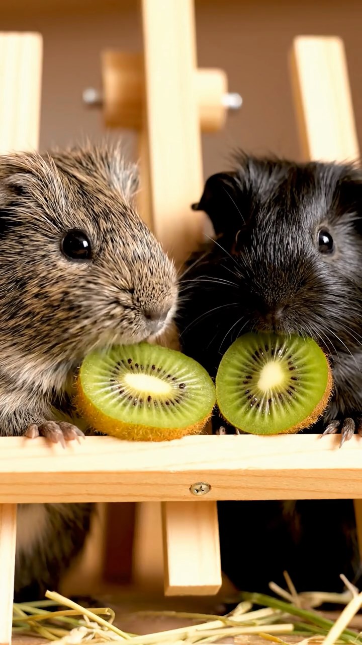 695. Highly detailed view of 5 smooth-haired Himalayan guinea pigs with White, Orange, Gray, Black, and Brown fur, foraging for wild herbs in a lush meadow with wildflowers and a babbling brook, under soft morning light, creating a realistic, serene pastoral scene.
